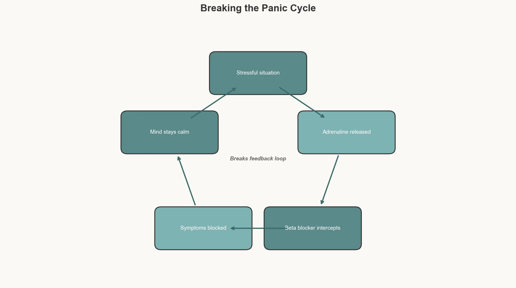 Diagram showing how beta blockers interrupt the anxiety spiral